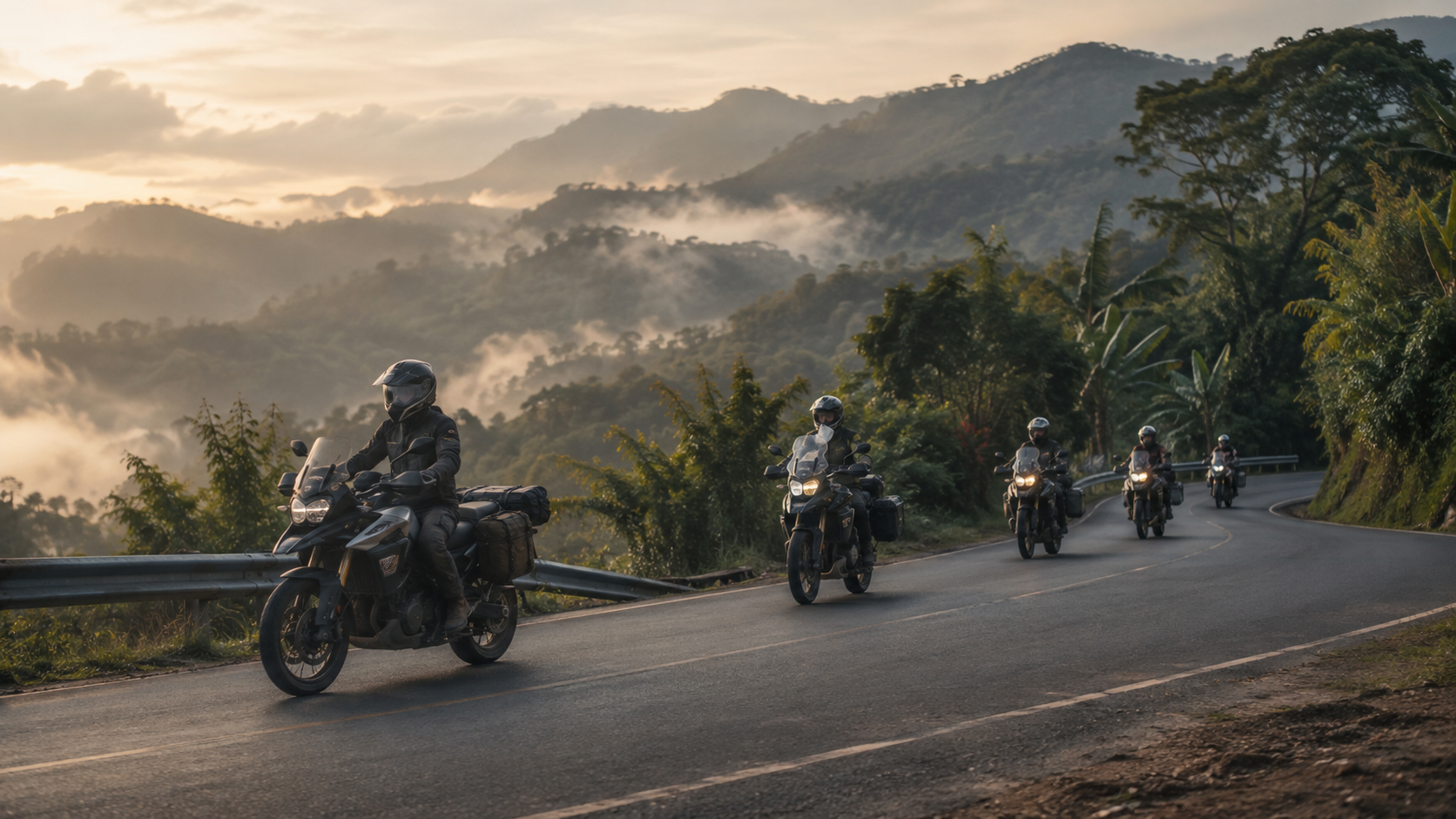 A small group of adventure riders travelling together on a mountain road in Northern Thailand